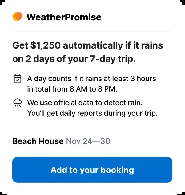 WeatherPromise example offer showing a $1,250 payout for qualifying rain on two days of a seven-day trip