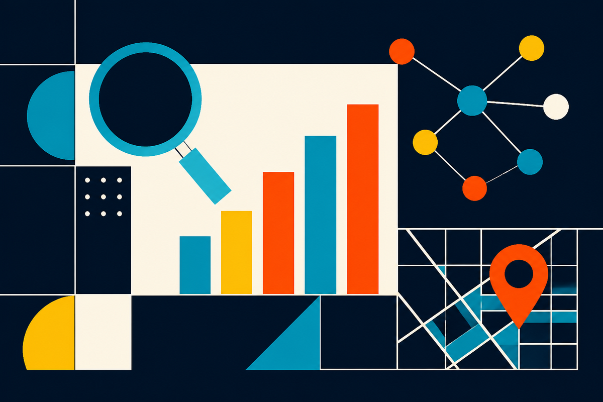 Abstract geometric illustration of search rankings, backlinks and local map visibility