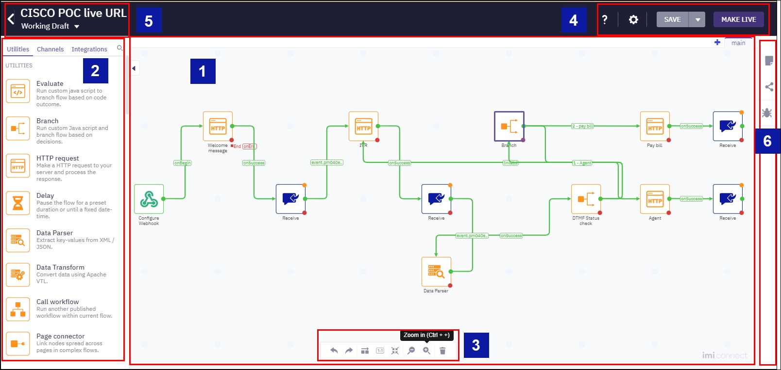 Webex Connect flow builder showing a node palette and connected workflow steps