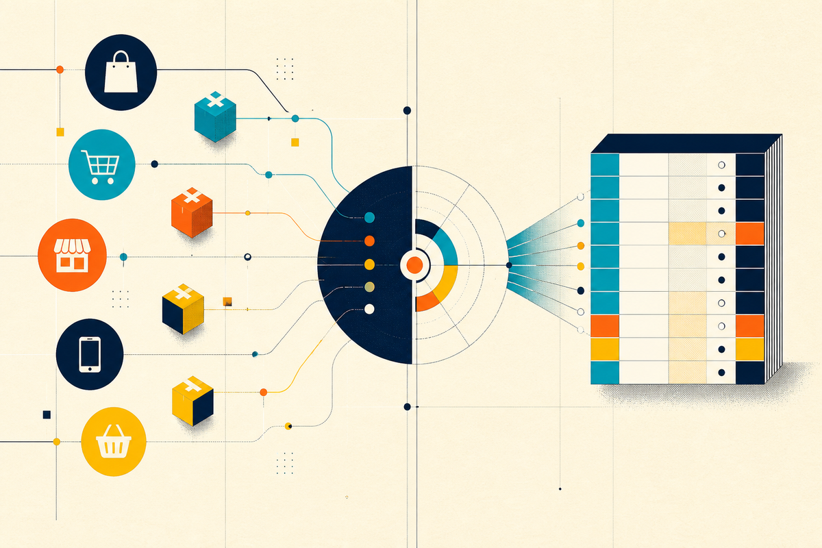 Abstract Swiss-style illustration of ecommerce channels flowing through a reconciliation engine into an orderly ledger