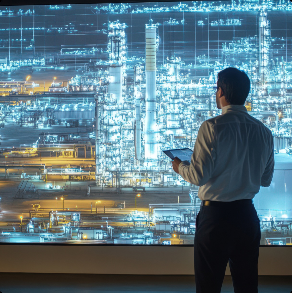 Industrial technology illustration showing a person with a tablet facing a refinery display