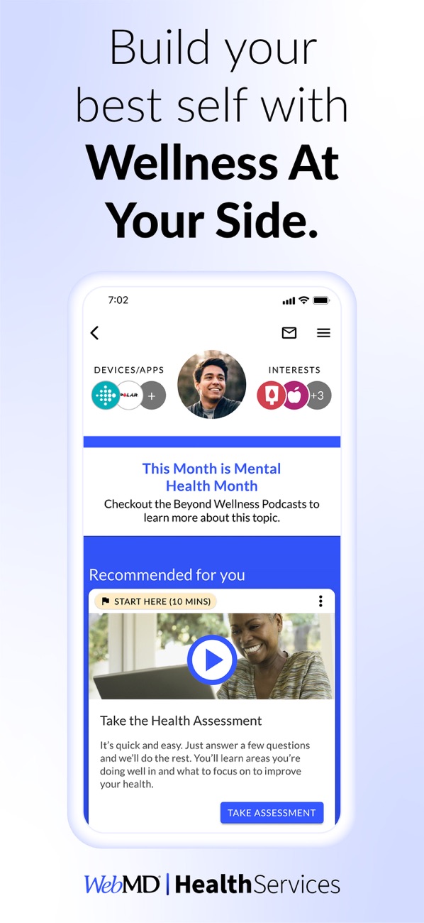 Official Wellness At Your Side product image showing the app homepage and recommended health assessment