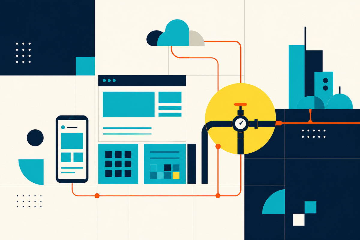 Abstract Swiss-style illustration of connected software interfaces, cloud systems and gas infrastructure
