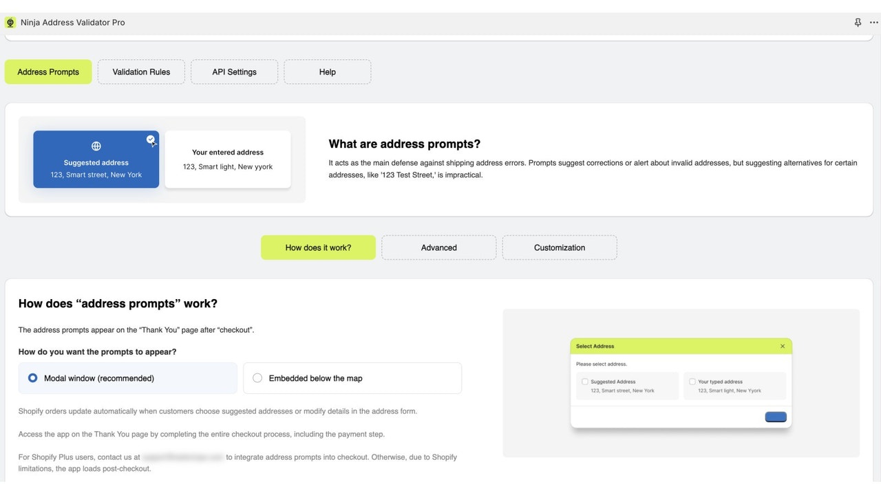 Ninja Address Validator Pro settings showing address prompts, validation rules and a suggested-address popup
