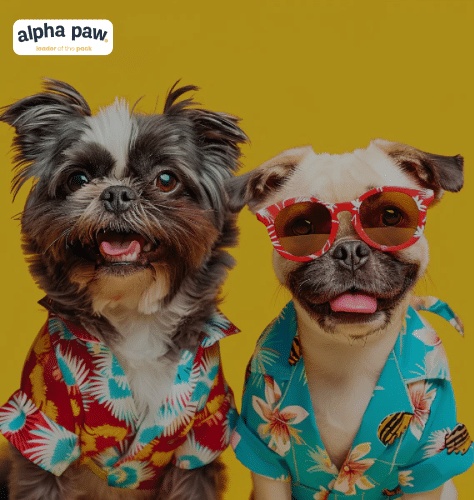 Alpha Paw portfolio artwork featuring two dogs in tropical shirts, one wearing red sunglasses