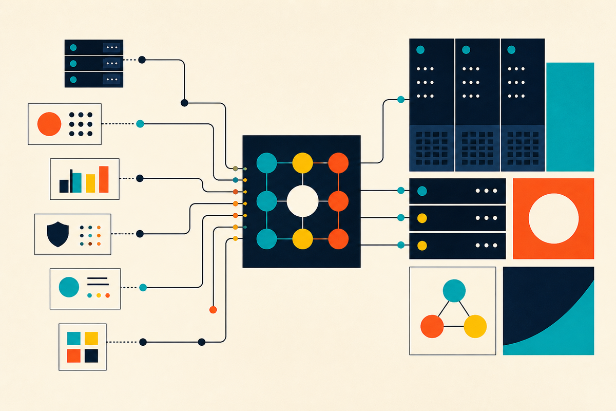 Abstract Swiss-style diagram of hosting tools feeding into a central orchestration layer and connected servers