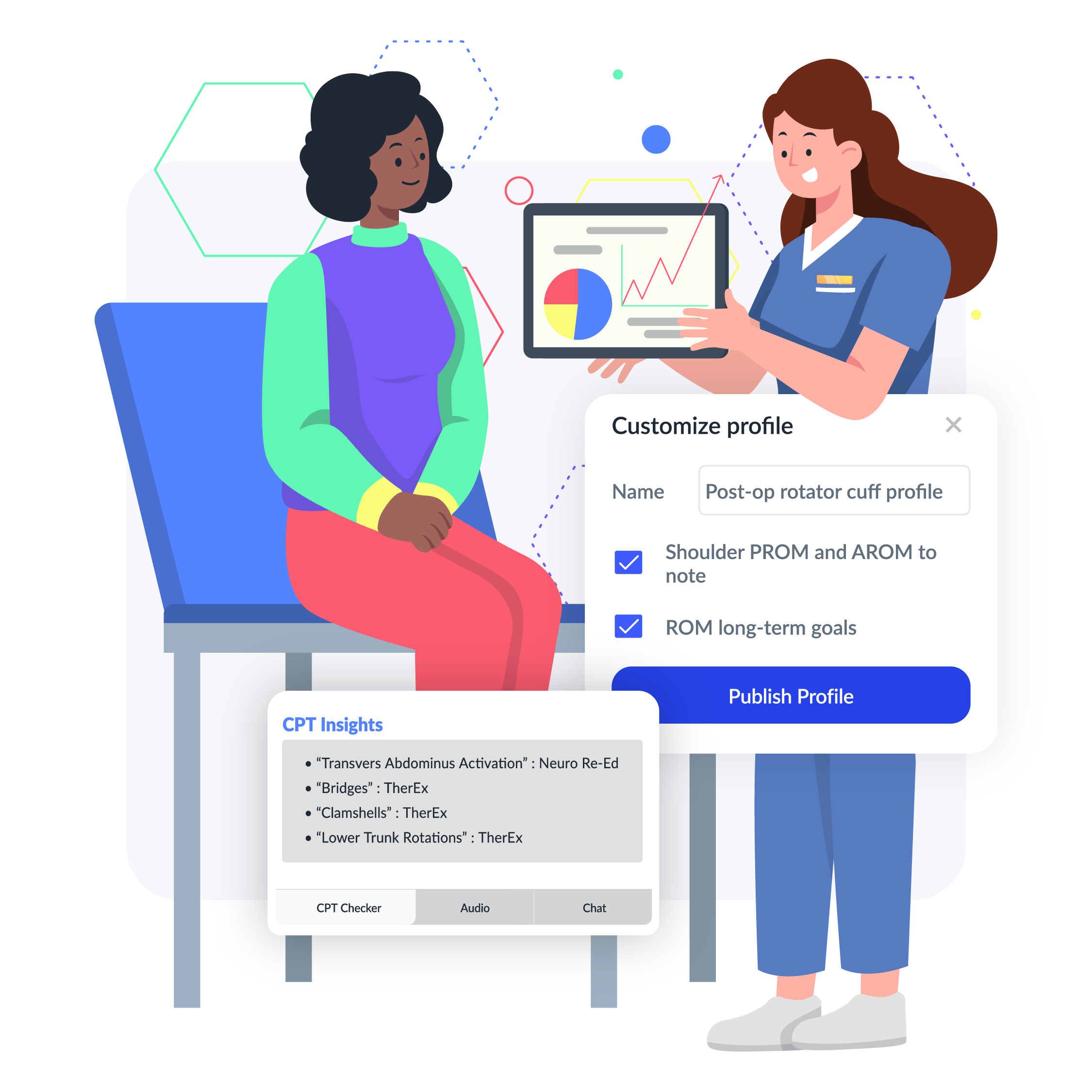 WebPT illustration of a therapist with customized documentation and CPT guidance panels