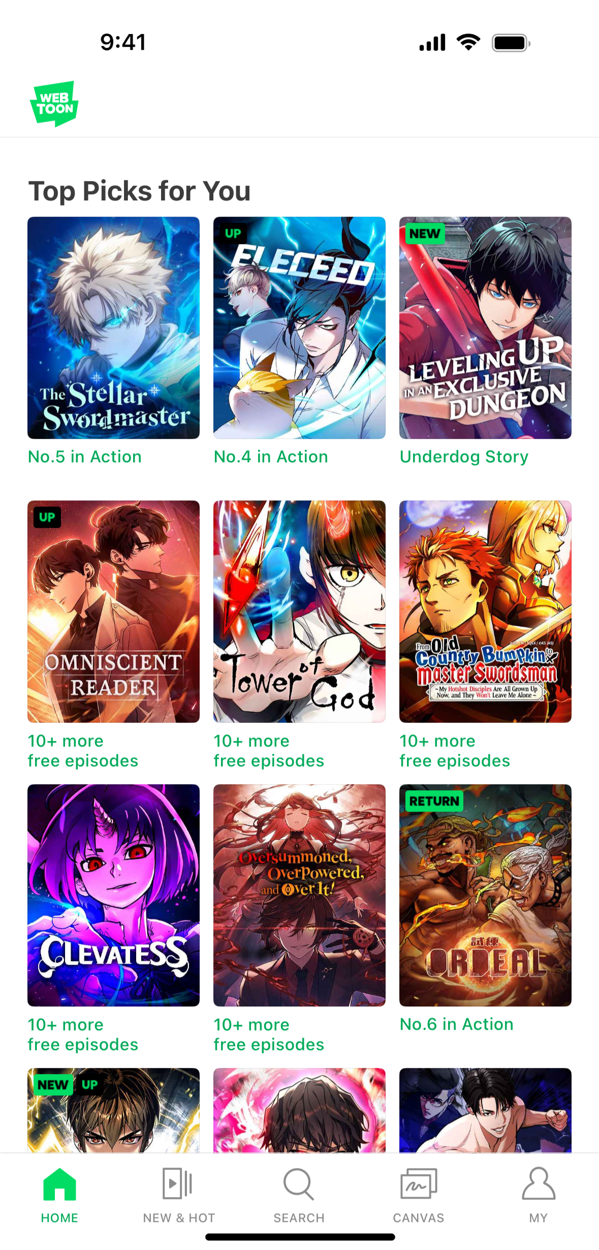 Official WEBTOON app screenshot showing recommendations including Eleceed and Tower of God