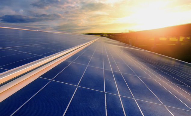 Rows of solar panels under sunlight, pictured by WEC