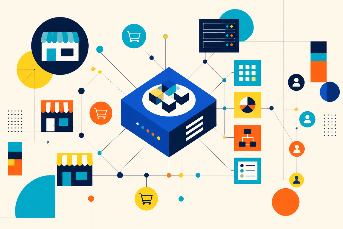 Abstract Swiss Style illustration of connected storefronts, users and business tools around a central software platform