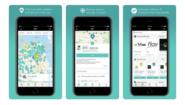 Archival Weedmaps app screens showing a dispensary map, a retailer menu and featured brands
