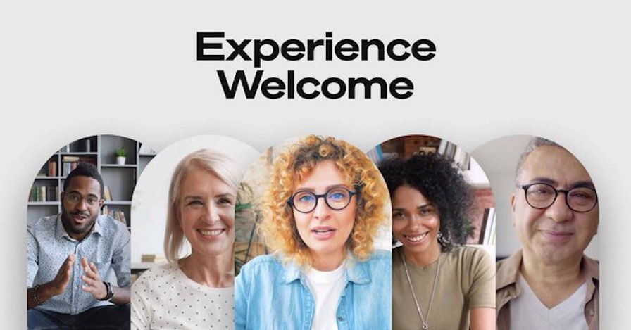 Welcome promotional image showing five participants in arched video portraits