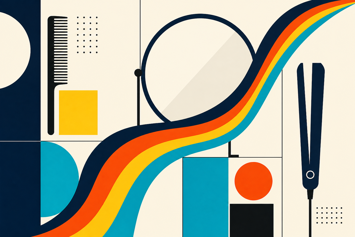 Abstract Swiss Style illustration of flowing color ribbons, a salon mirror, comb and styling tool