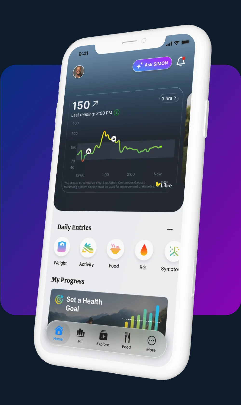 Welldoc mobile app interface showing a glucose chart, daily entries and health goals