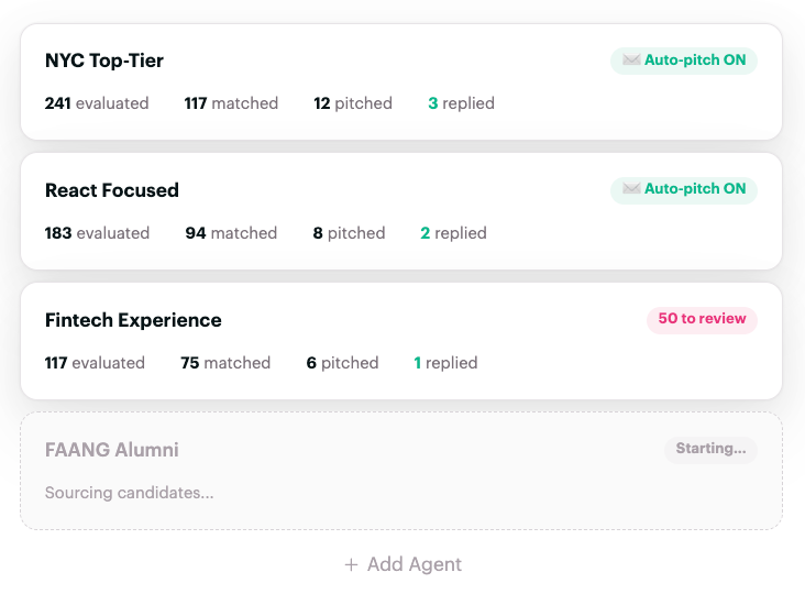 Reach interface showing separate sourcing agents for location, React skills and fintech experience