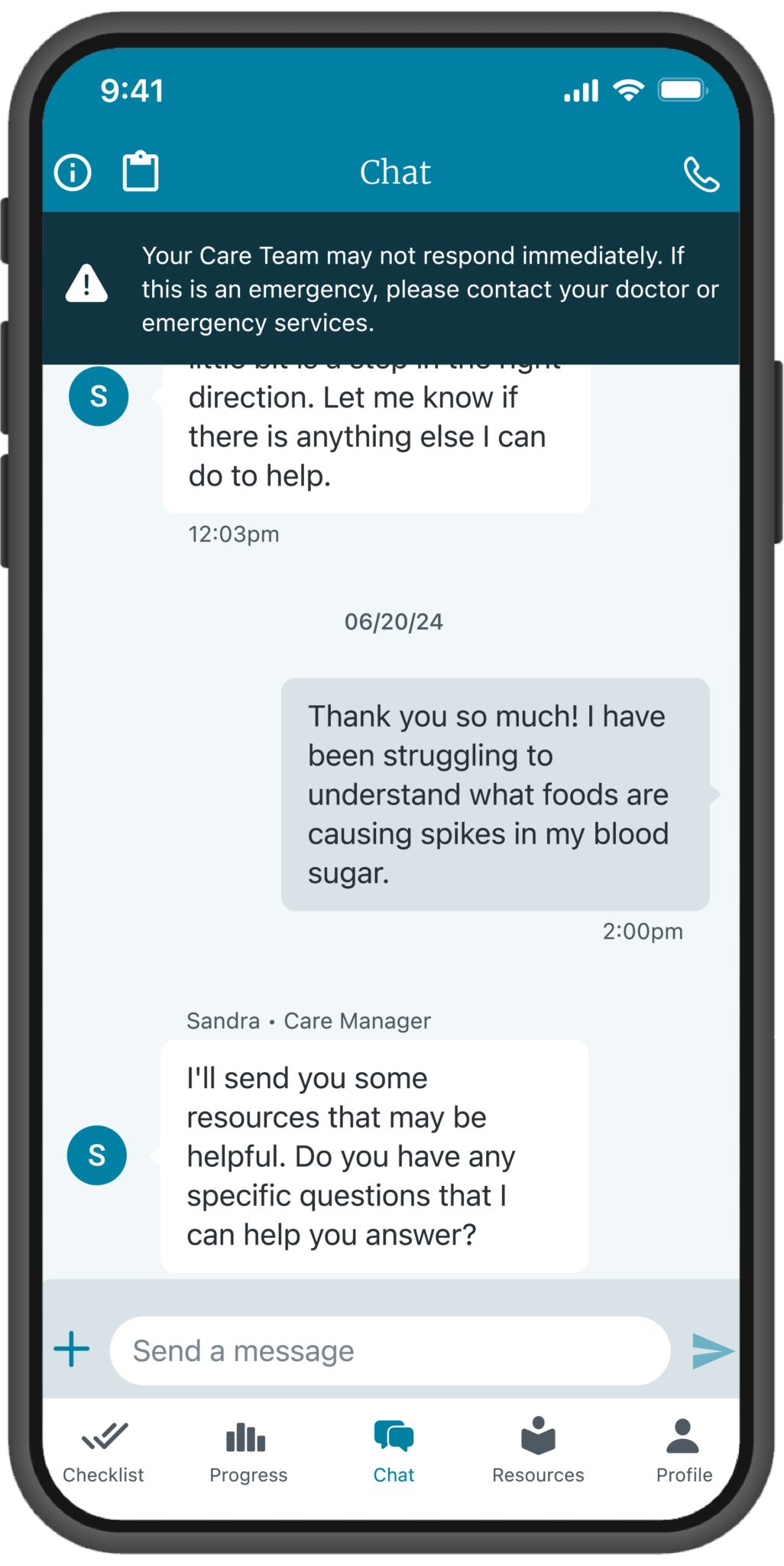 Wellframe member app showing its care-team chat interface