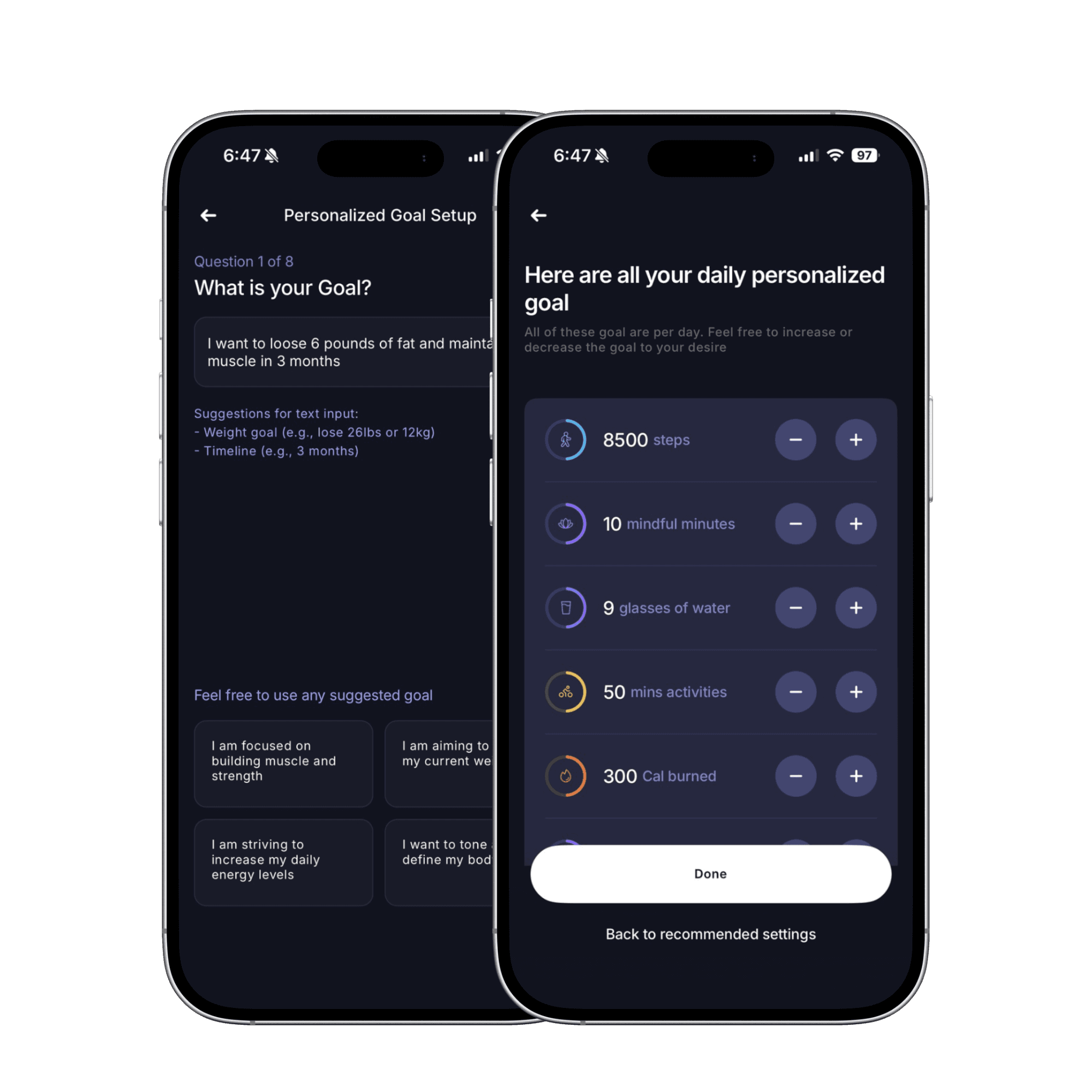 Wellness Coach product screens showing personalized goal setup and adjustable daily goals