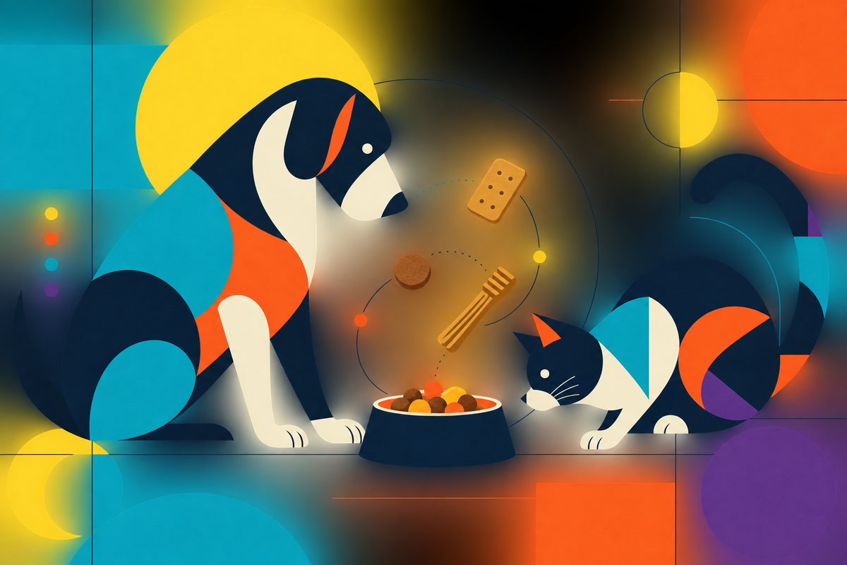 Geometric Swiss-style illustration of a dog and cat sharing a food bowl with biscuit and dental-care shapes