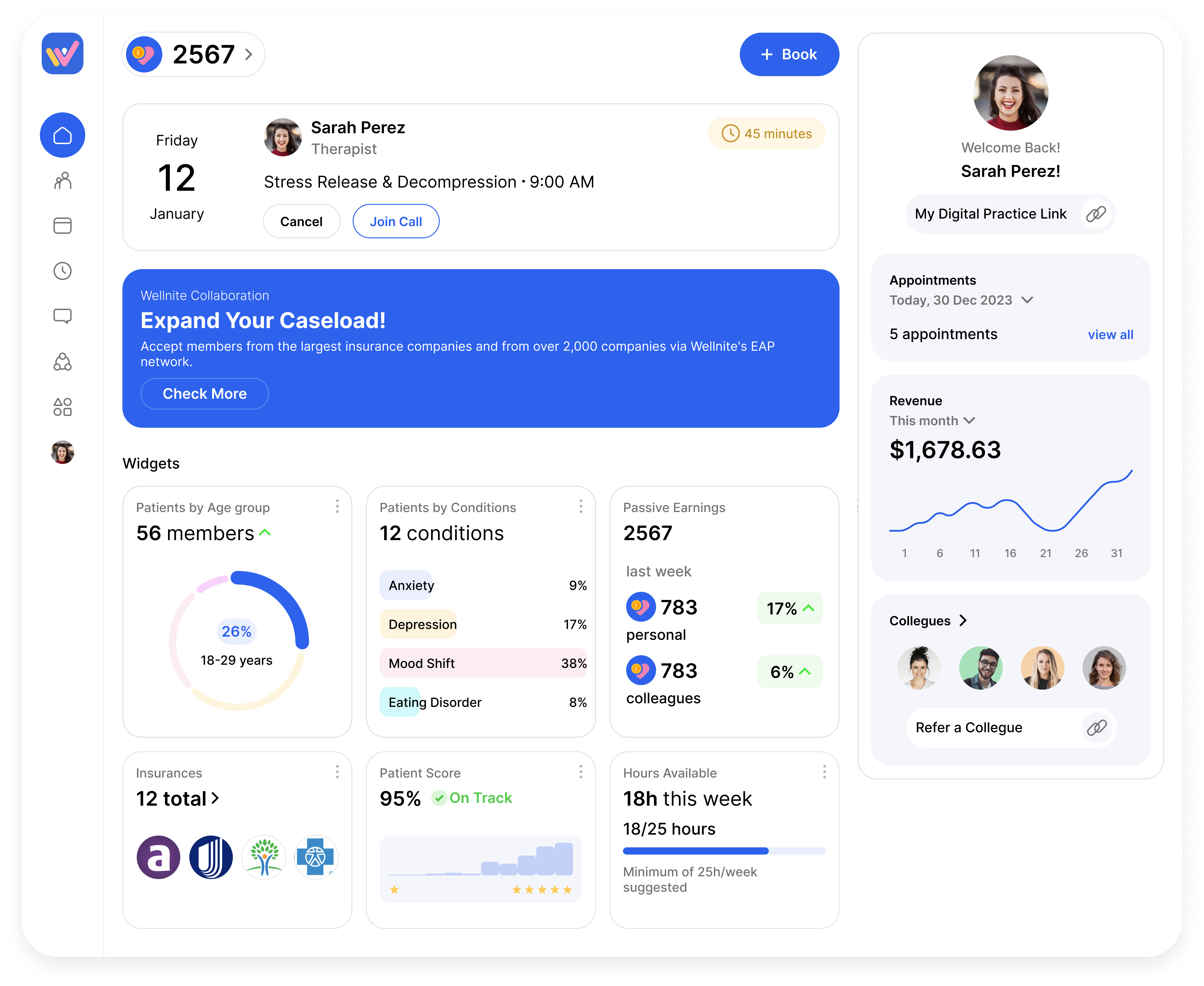 Wellnite promotional dashboard showing sample appointments, payments, and practice widgets