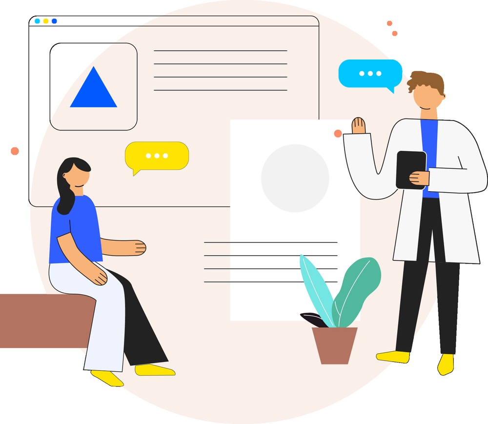 Editorial illustration of a patient and clinician communicating through a digital workspace