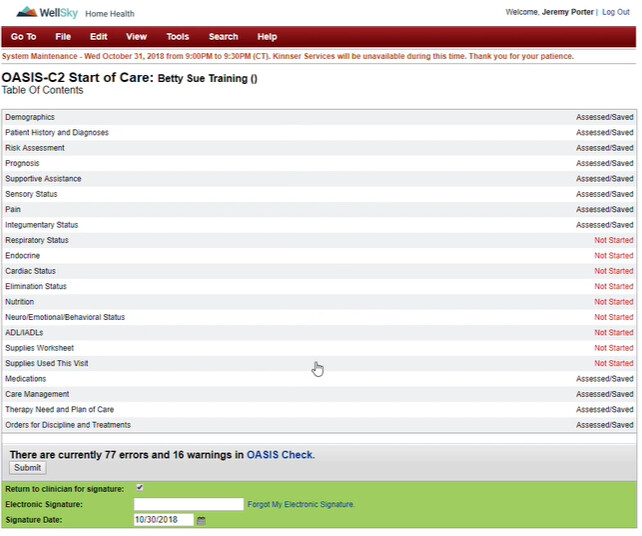 A WellSky Home Health clinical assessment screen with a table of required sections and status markers
