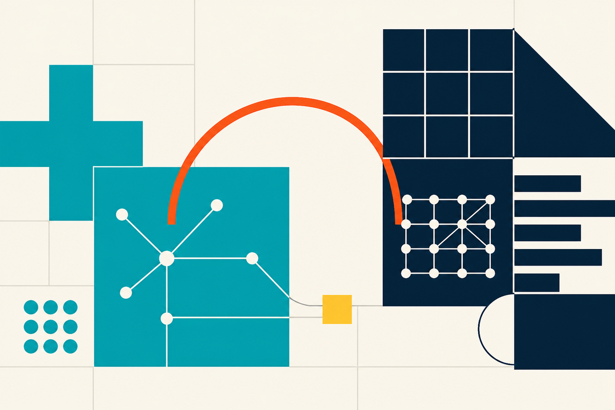 Abstract Swiss-style composition connecting healthcare and technology systems with a capital arc