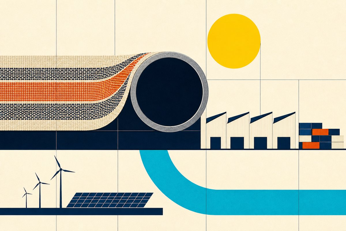 Abstract Swiss-style composition joining woven textile, a steel pipe, factories, water, solar power and logistics blocks