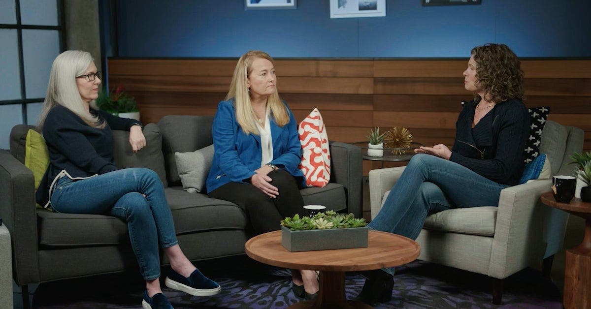 Wendy Steinle in conversation with Adobe women executives on a studio set
