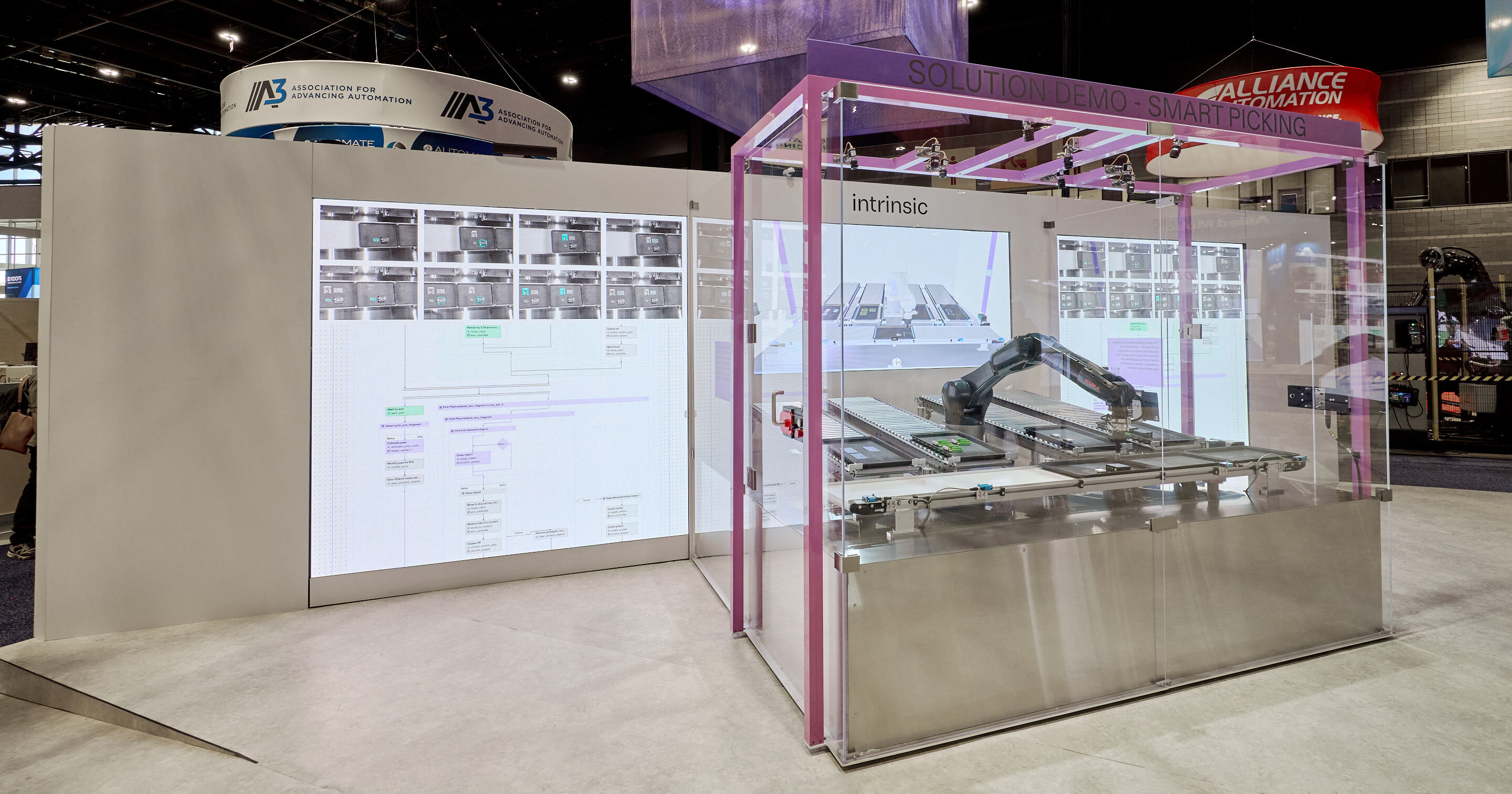 Intrinsic smart-picking robot demonstration behind a transparent enclosure at Automate 2024