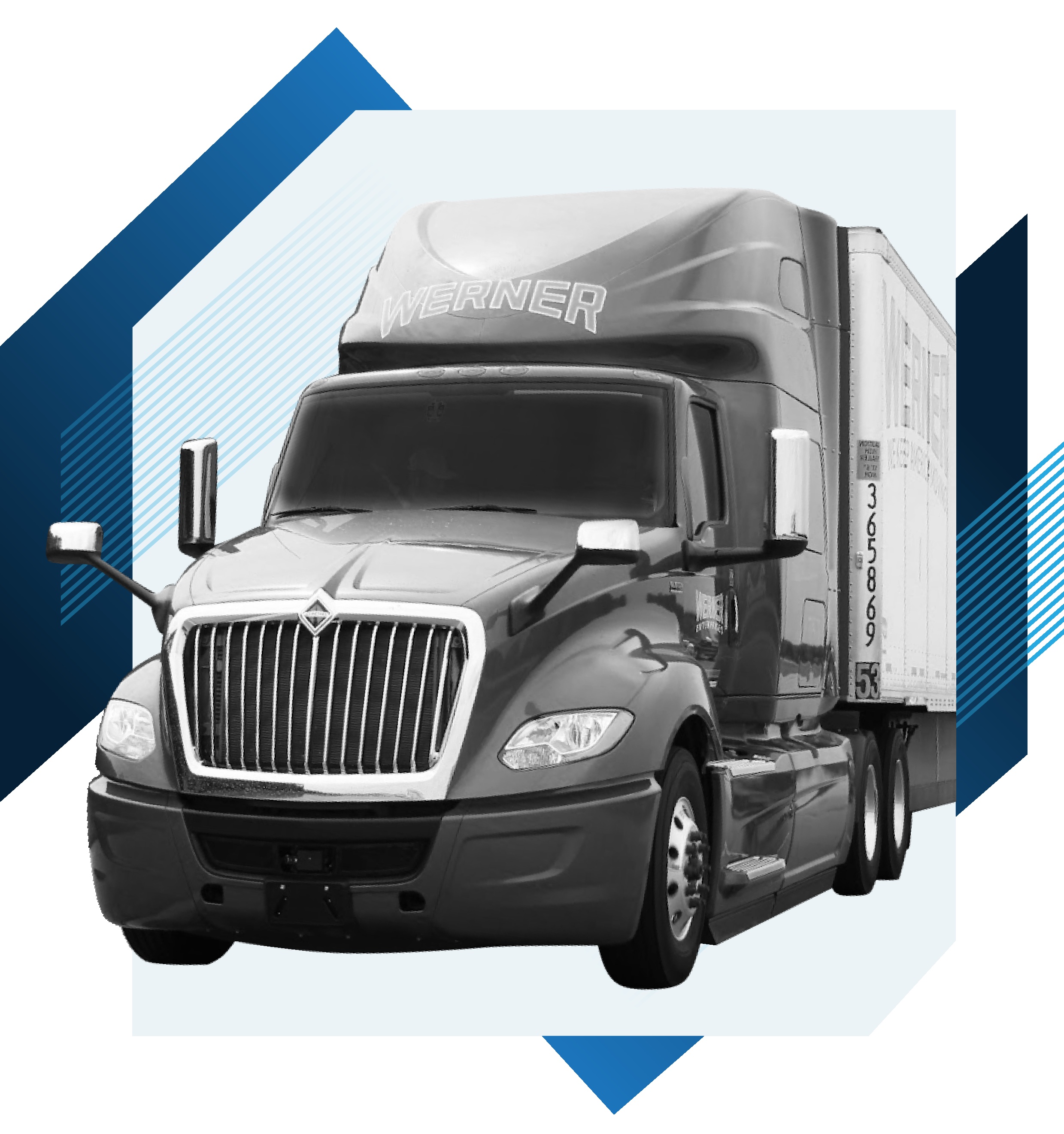 Werner tractor and trailer in a blue geometric photographic composition