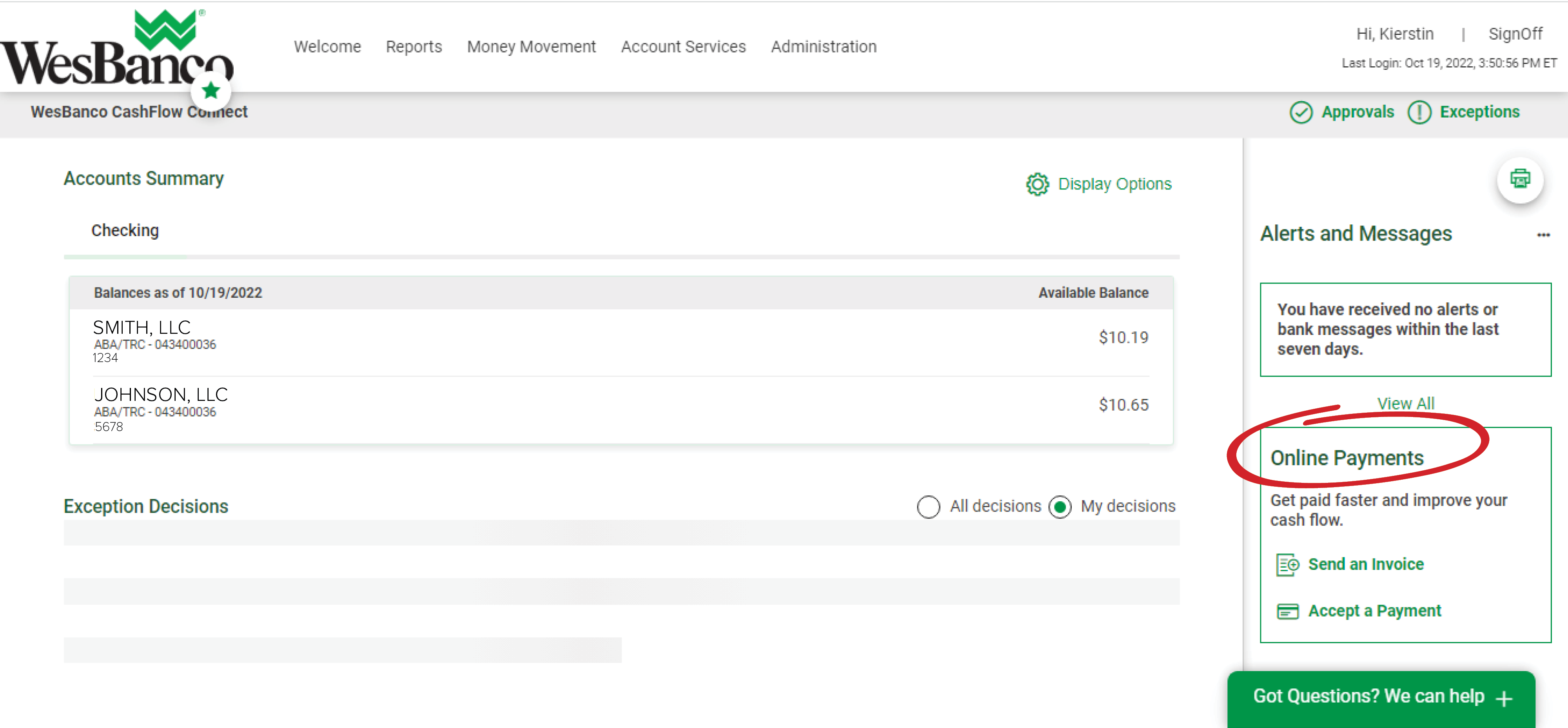 WesBanco’s published CashFlow Connect and Autobooks dashboard showing invoices, balances and account activity