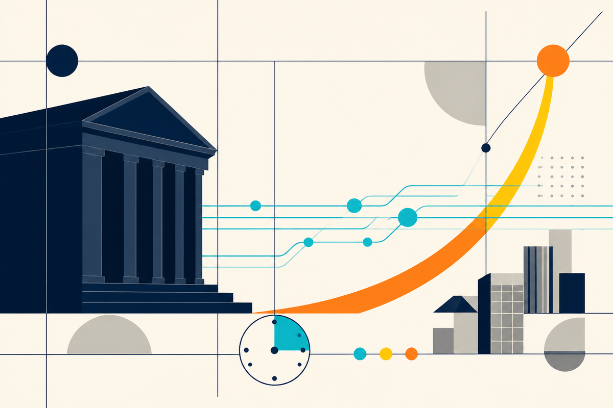Abstract Swiss-style illustration of a bank building connected to transaction lines, a clock and a rising arc