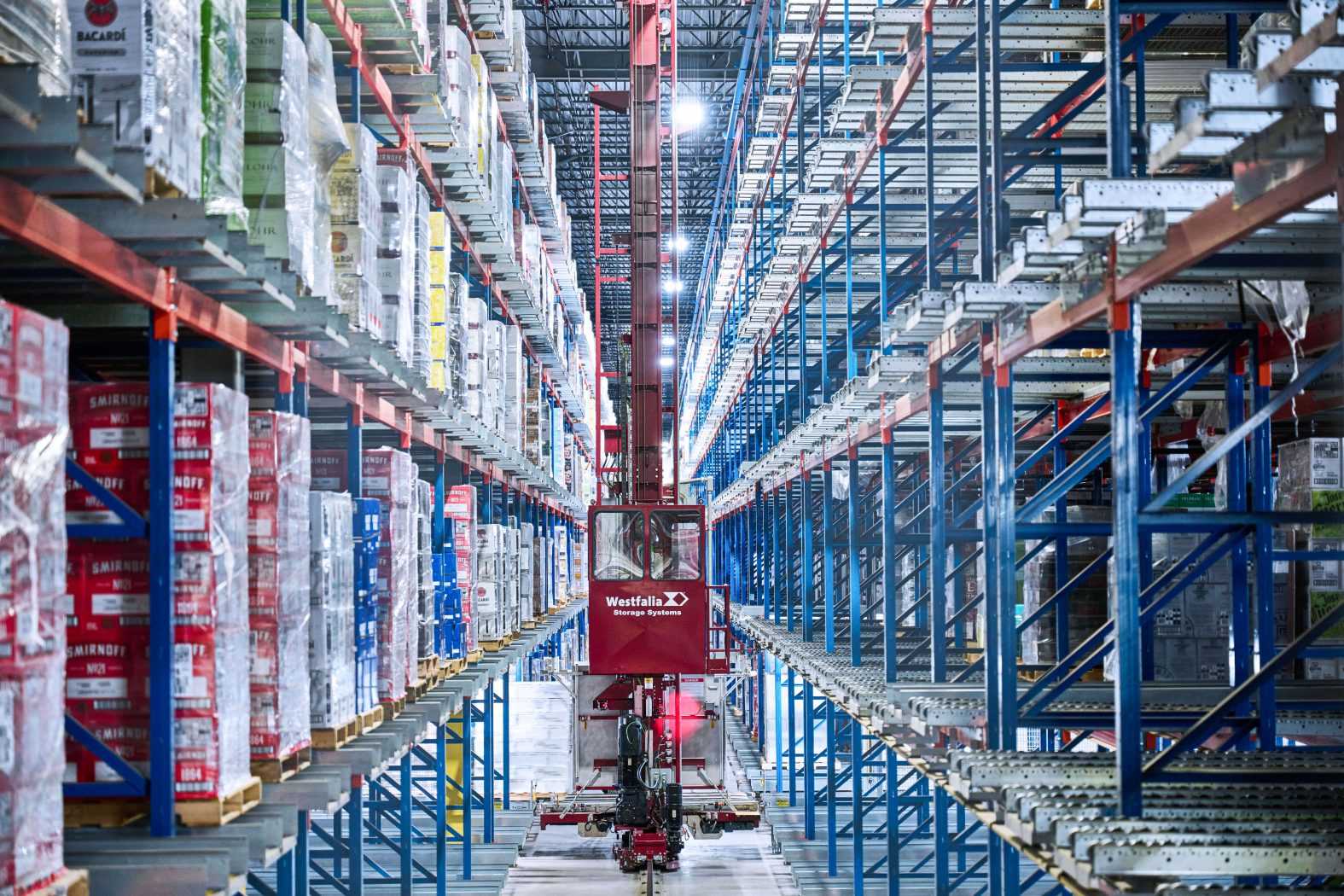 Storage retrieval machinery amid high-density racks in Allied Beverage’s automated warehouse