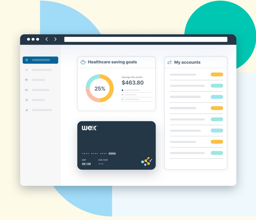 WEX product illustration showing a benefits dashboard, account balances and a benefits payment card