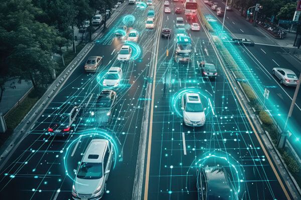 WEX editorial illustration of vehicles on a road overlaid with connected data signals