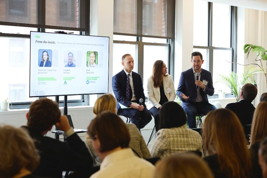 Weyerhaeuser sustainability manager Vaughan Andrews speaking on a panel at Climate Week NYC