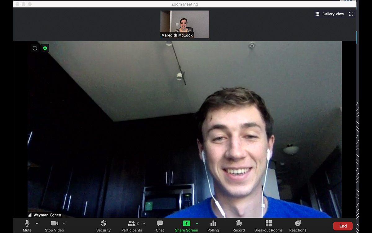 Weyman Cohen in a 2020 Zoom meeting with Duke career counselor Meredith McCook