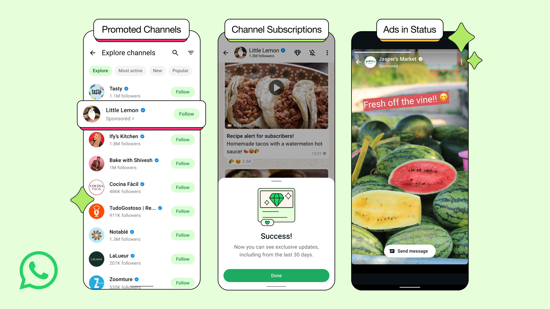 WhatsApp product examples showing promoted Channels, subscriptions and Status ads