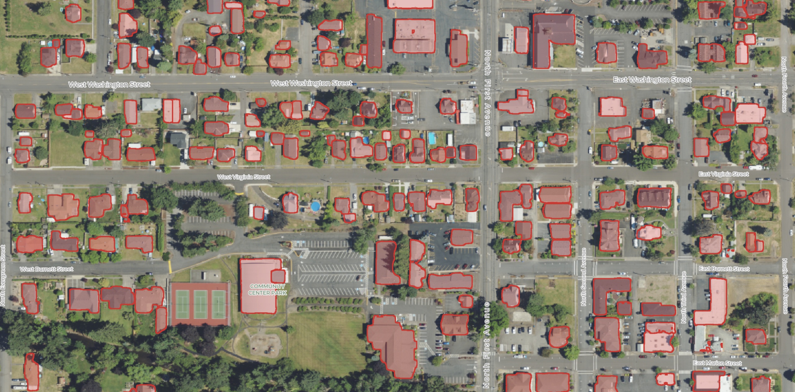 Wherobots product visualization showing SAM3 object-detection outputs over aerial imagery