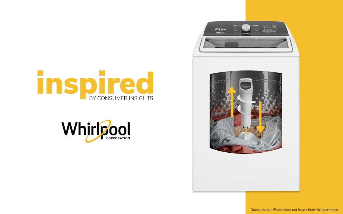Whirlpool press illustration showing the removable agitator moving in and out of a top-load washer