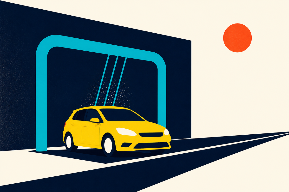 Minimal geometric illustration of a yellow car moving through a teal wash arch on a navy and cream field