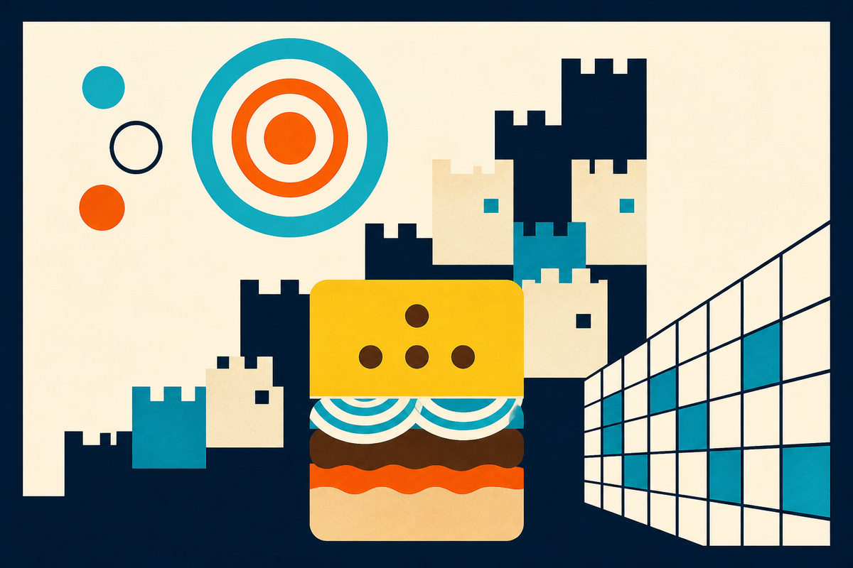 Abstract Swiss-style illustration of a geometric slider, castle blocks, onion rings and a retail grid