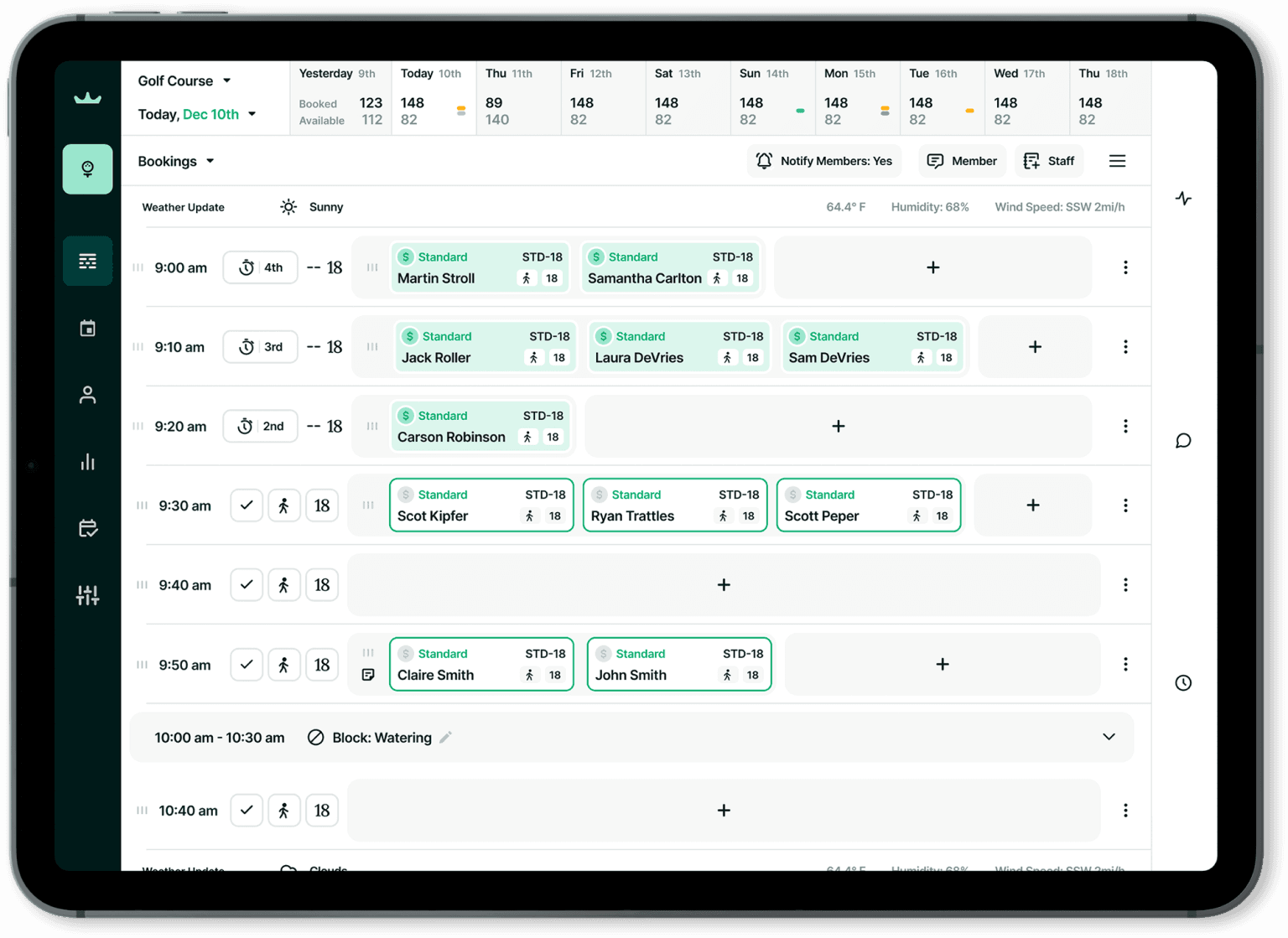 Whoosh tee sheet interface displayed on a tablet