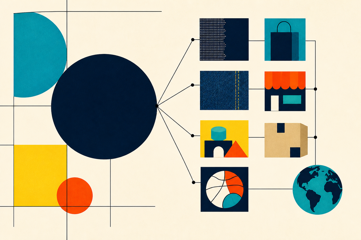 Abstract Swiss-style network connecting a central brand owner to fashion, retail, toys, sports, shipping and global distribution