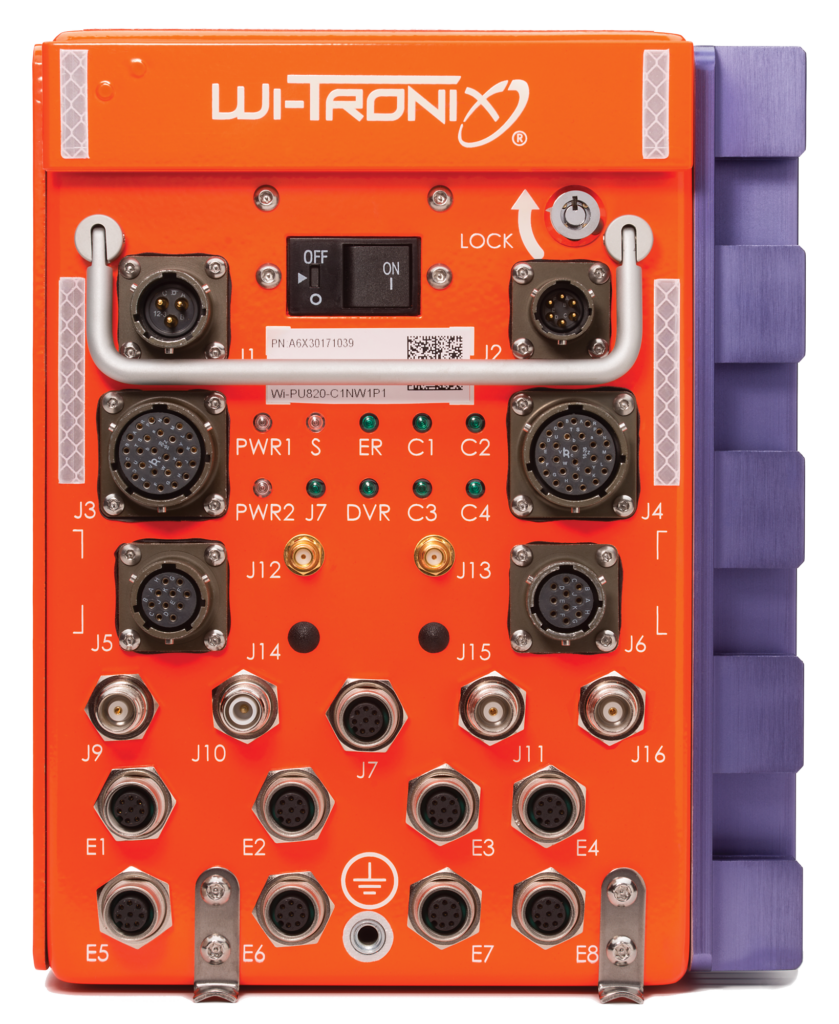 Orange and purple Wi-Tronix onboard hardware with electrical connectors