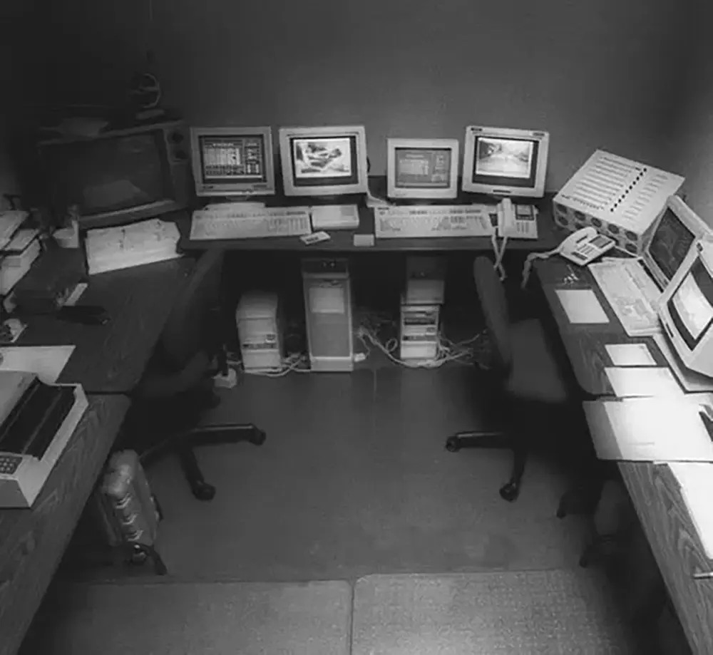 WIECK's compact first office in 1991, with computer equipment, desks and filing cabinets