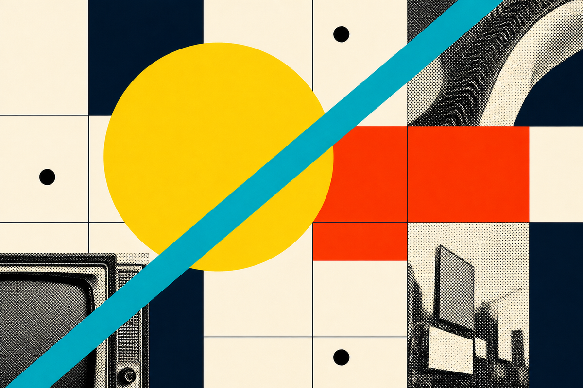 Abstract Swiss-style composition of geometric shapes, halftone media textures and a strict grid