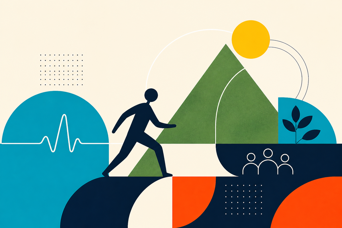 Abstract Swiss-style illustration of a person moving through symbols of health, nature, and community