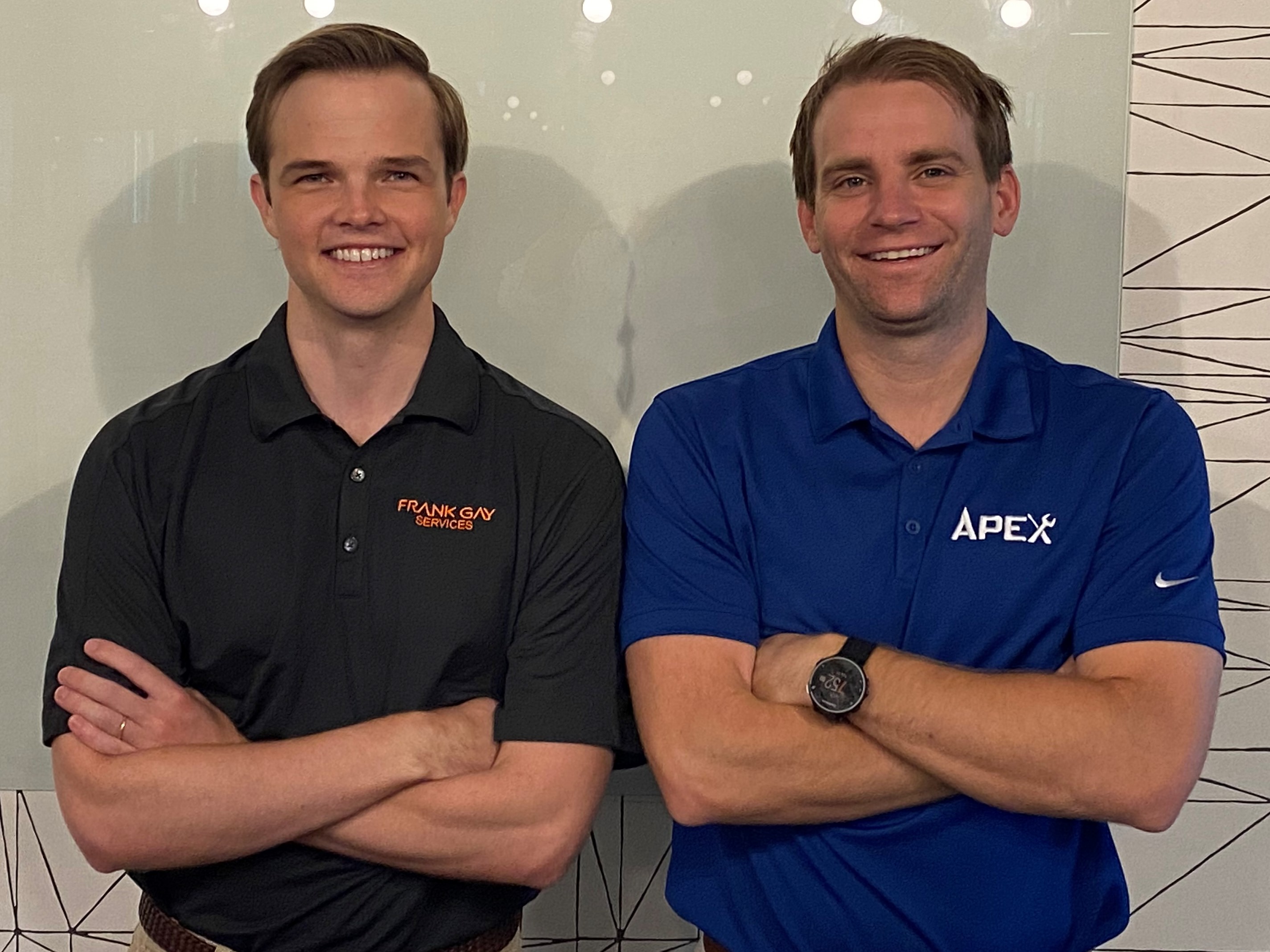 Will Matson in a Frank Gay Services shirt beside AJ Brown in an Apex shirt