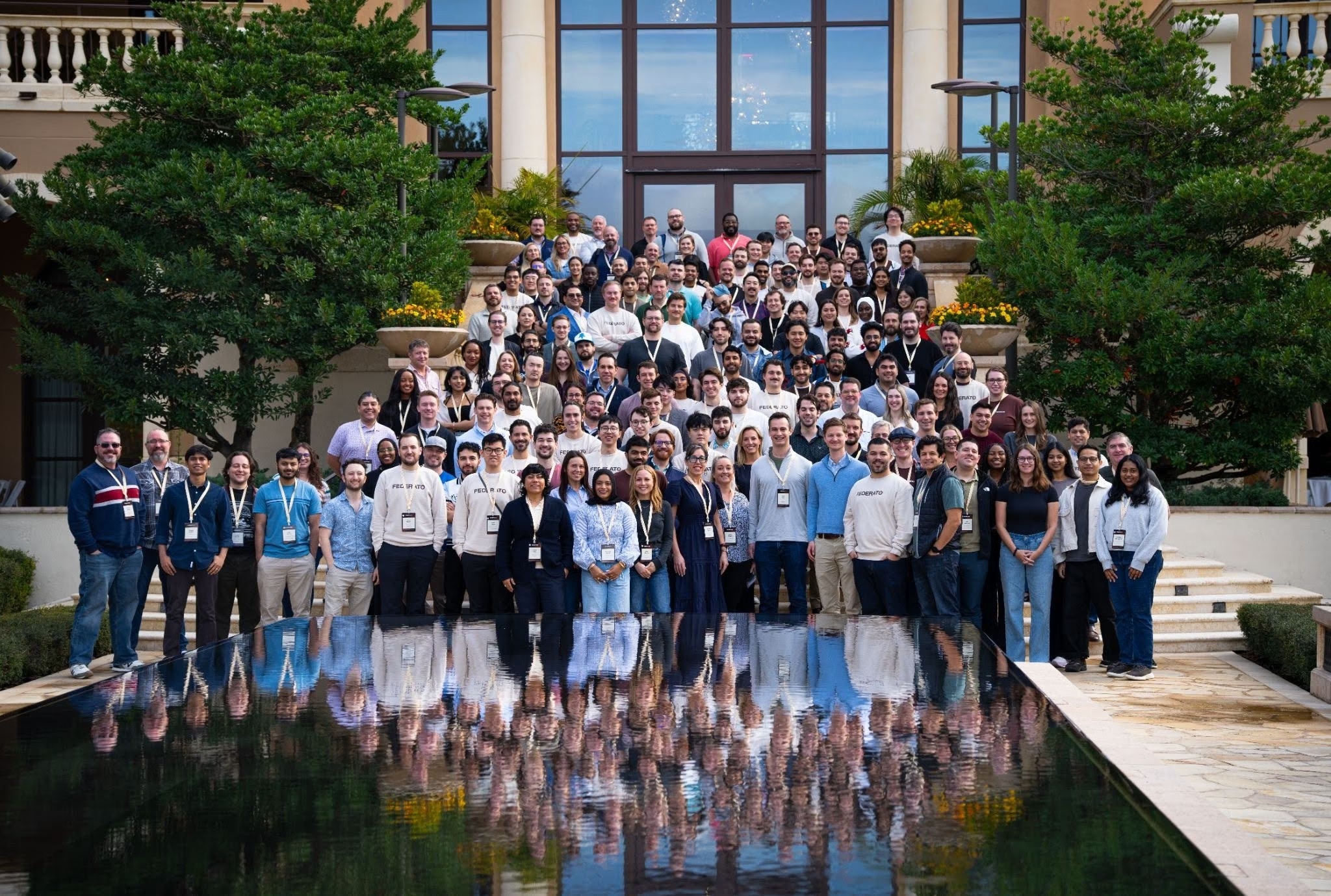 Federato colleagues gathered on outdoor steps for a team photograph
